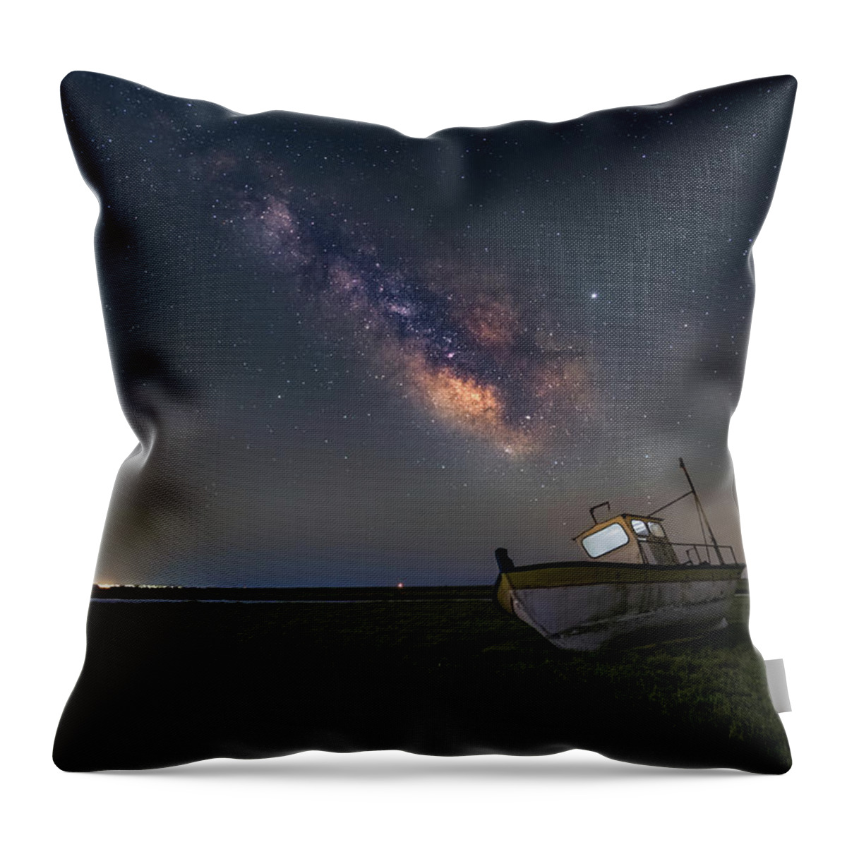 Milky Way Throw Pillow featuring the photograph An old boat under the milkyway by Alexios Ntounas