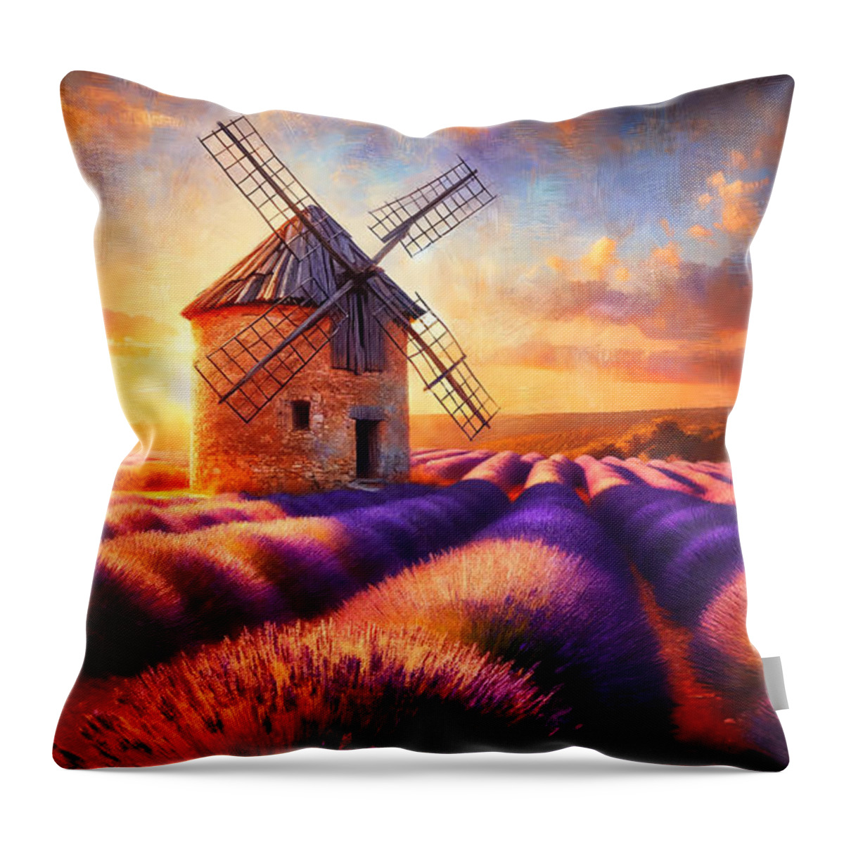 Provence Throw Pillow featuring the painting An old windmill on a lavender field in Provence, with a sunset backdrop. by Jeff Creation