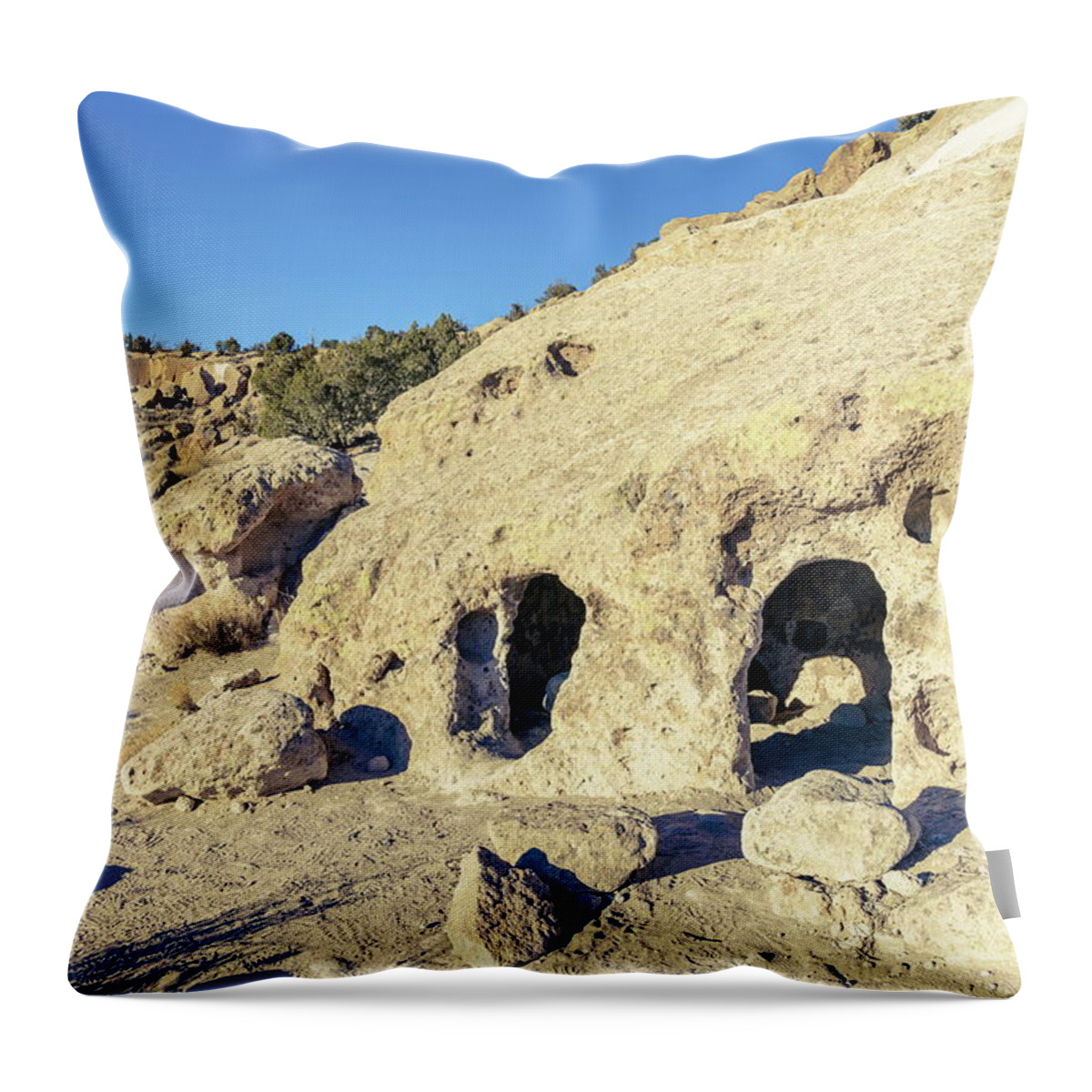 America Throw Pillow featuring the photograph Ancient pueblo dwellings in Tsankawi by Alexey Stiop