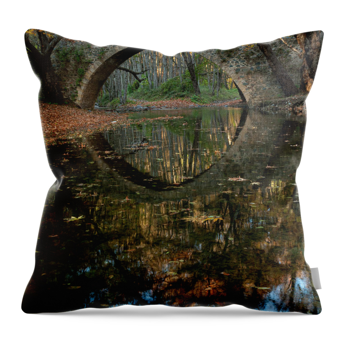 Autumn Throw Pillow featuring the photograph Ancient venetian bridge of Tzelefos in Cyprus in autumn by Michalakis Ppalis