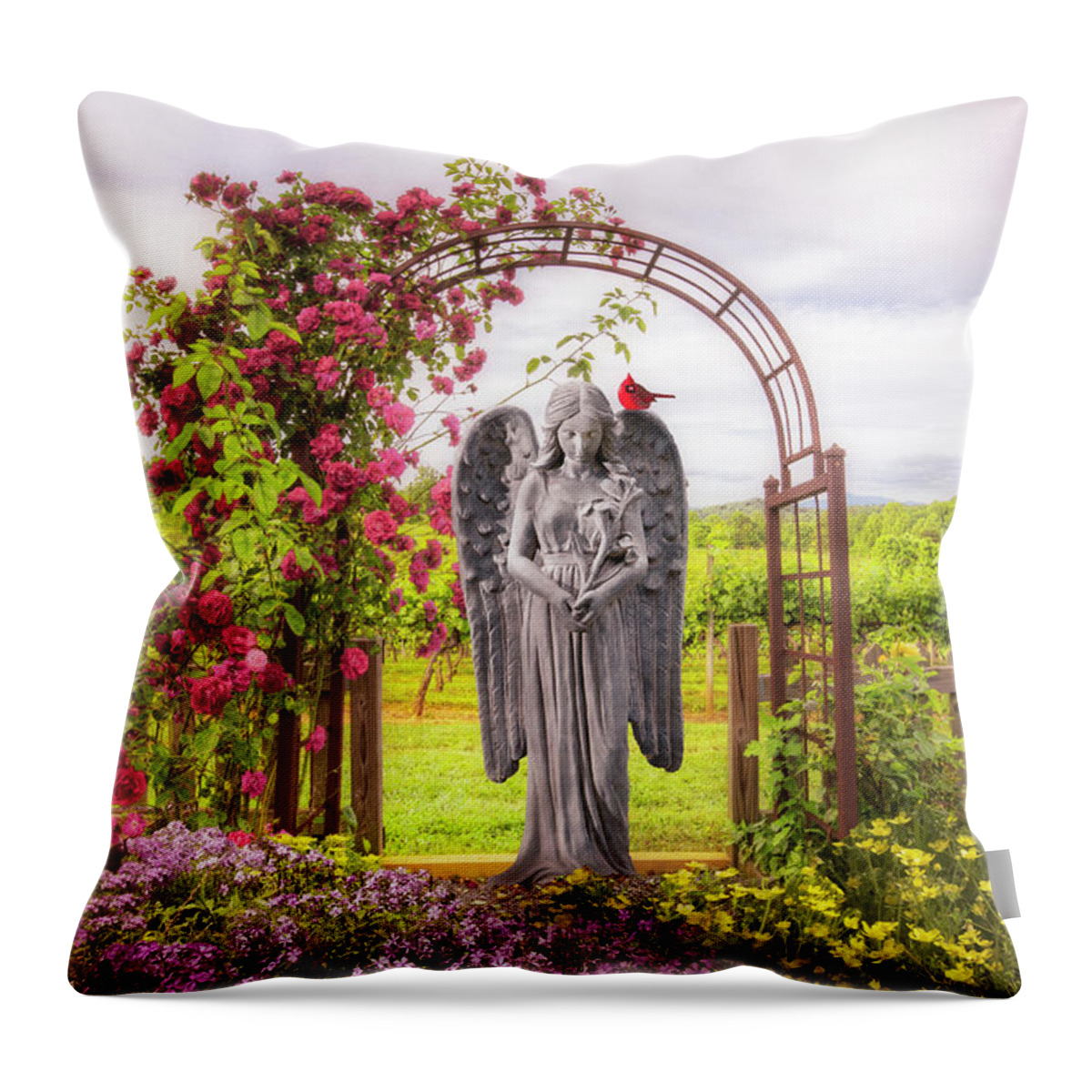 Bird Throw Pillow featuring the photograph Angel and Cardinal in the Garden by Debra and Dave Vanderlaan