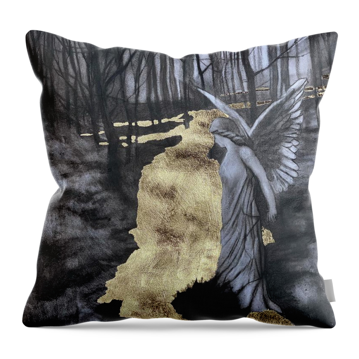 Angel Throw Pillow featuring the drawing Angel and the Gold River by Nadija Armusik