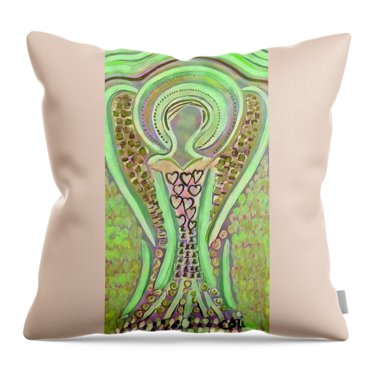 Angel Throw Pillow featuring the painting Angel by the Sea in Green and Gold by Corinne Carroll