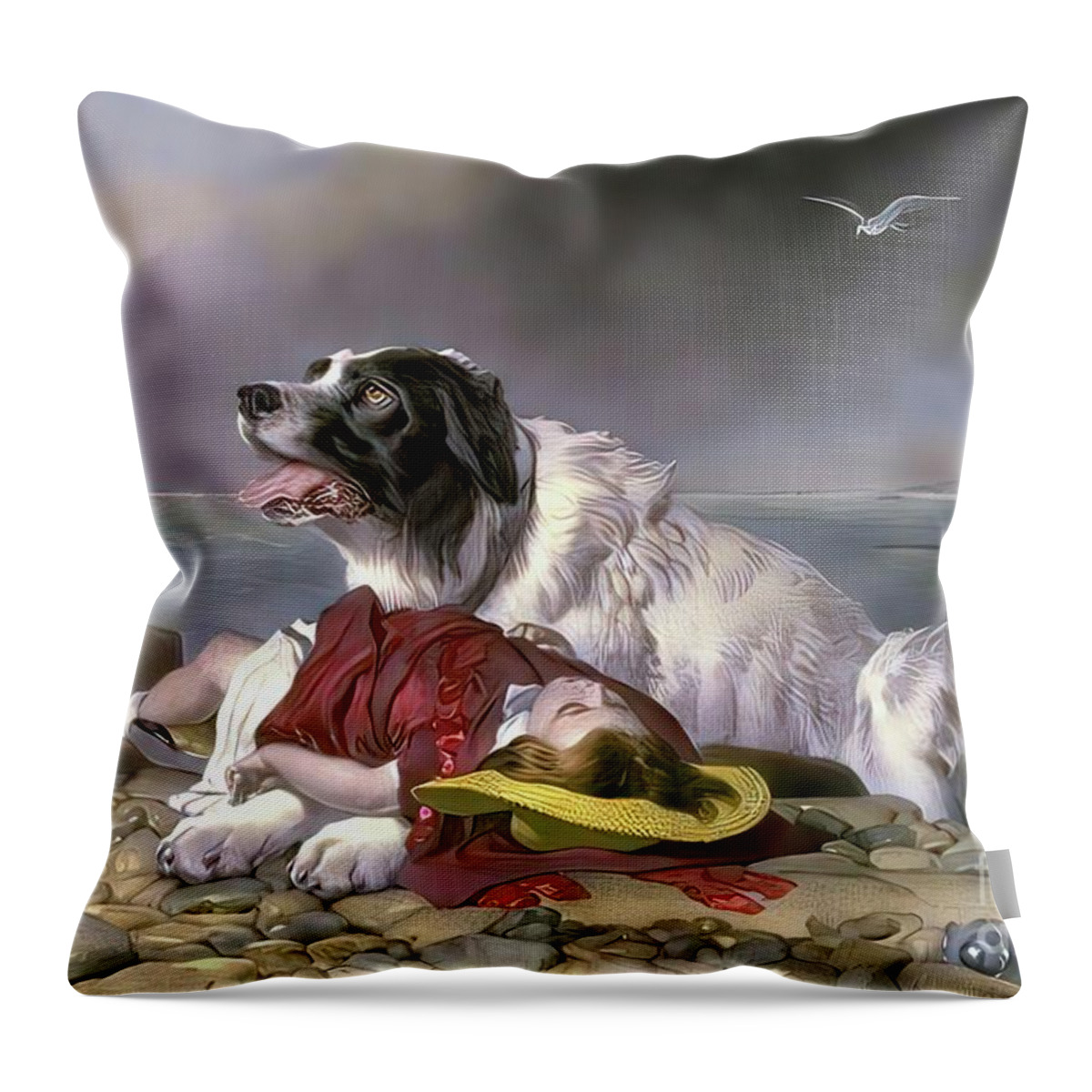 Grooming Throw Pillow featuring the mixed media Angel Dog Rescue Save by Edward Landseer