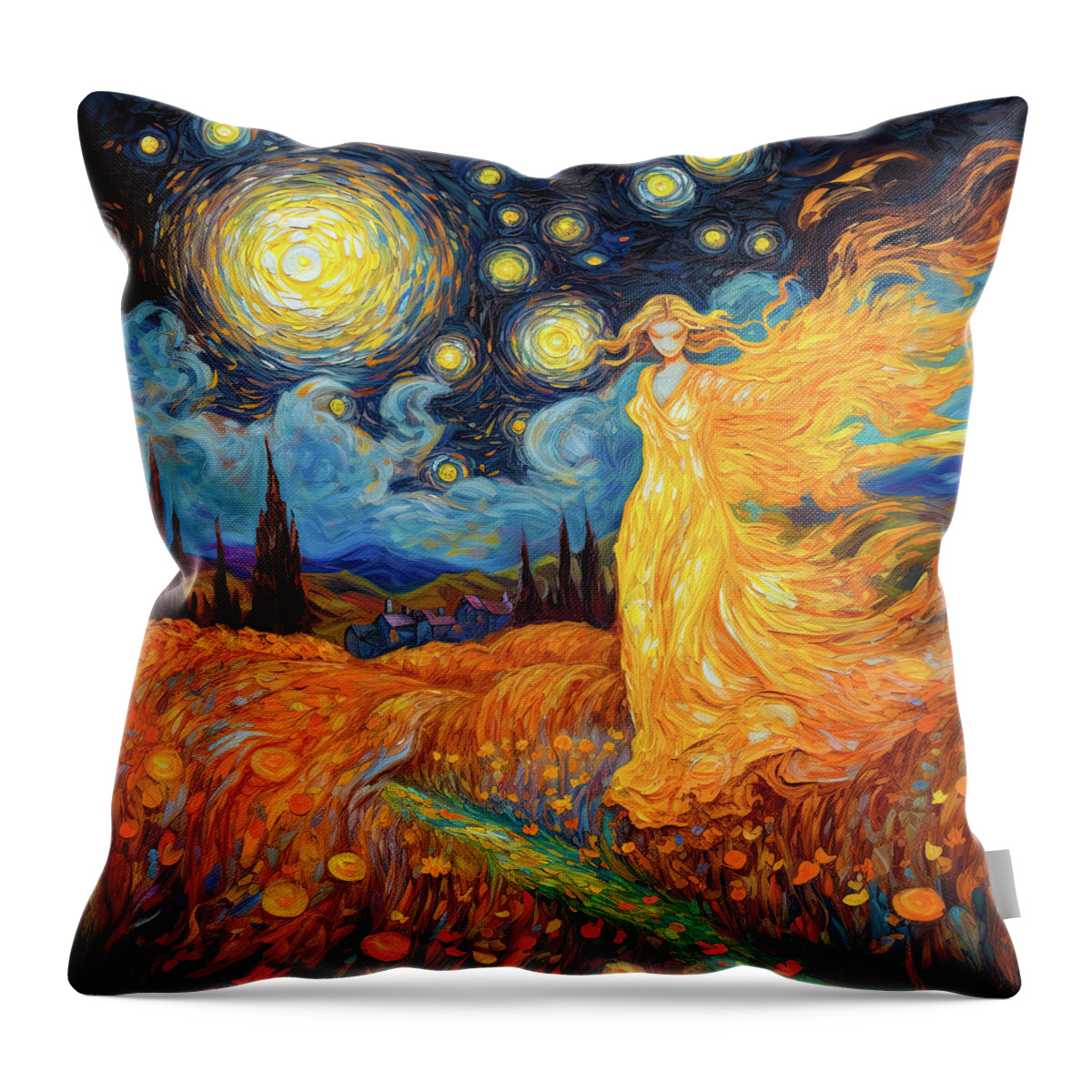 Angel Throw Pillow featuring the digital art Angel Dream 05 Golden Starry Night by Matthias Hauser