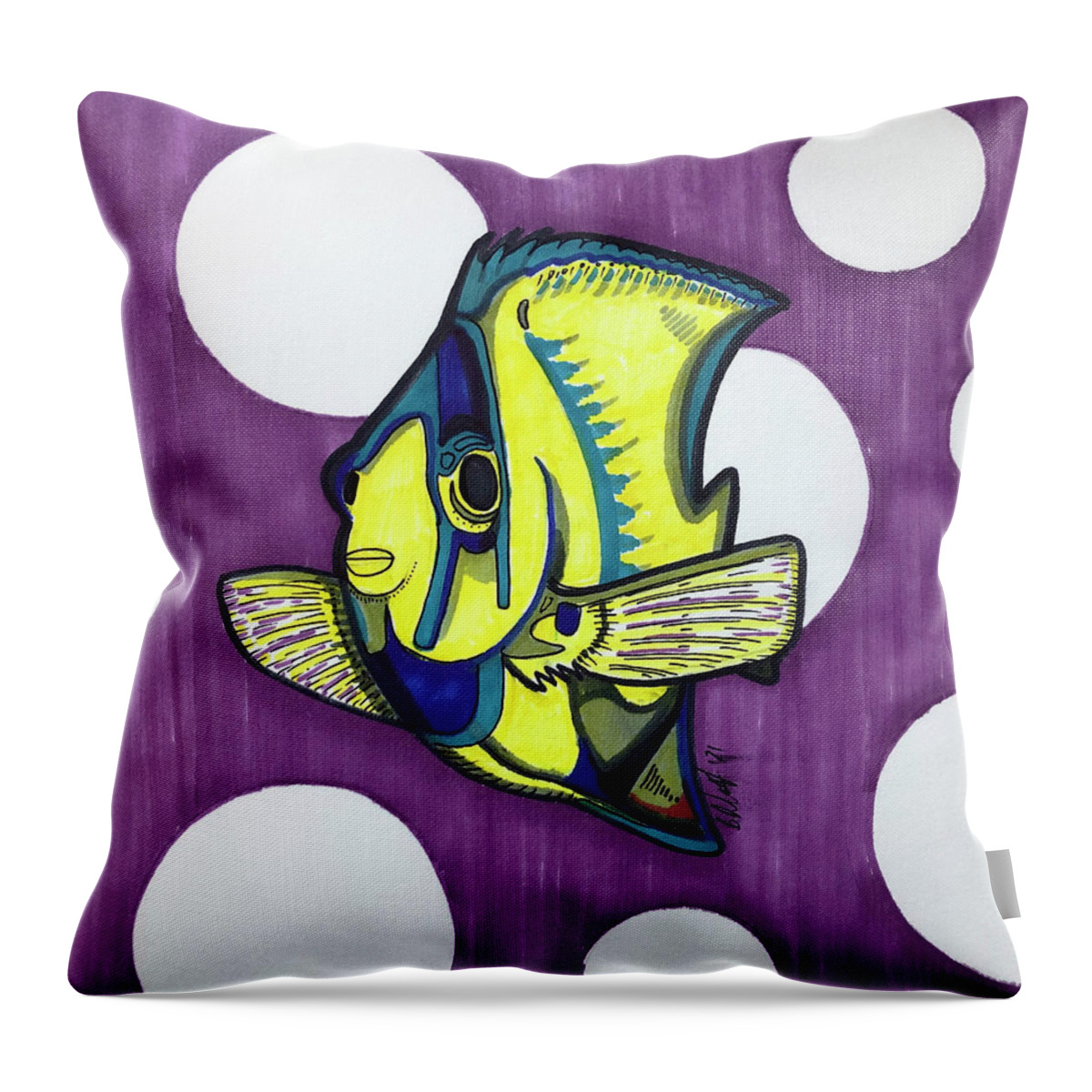 Angel Fish Throw Pillow featuring the drawing Angel Fish Blue and Yellow by Creative Spirit