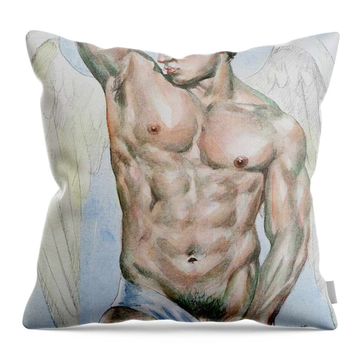 Male Nude Throw Pillow featuring the painting Angel of male nude #20119 by Hongtao Huang