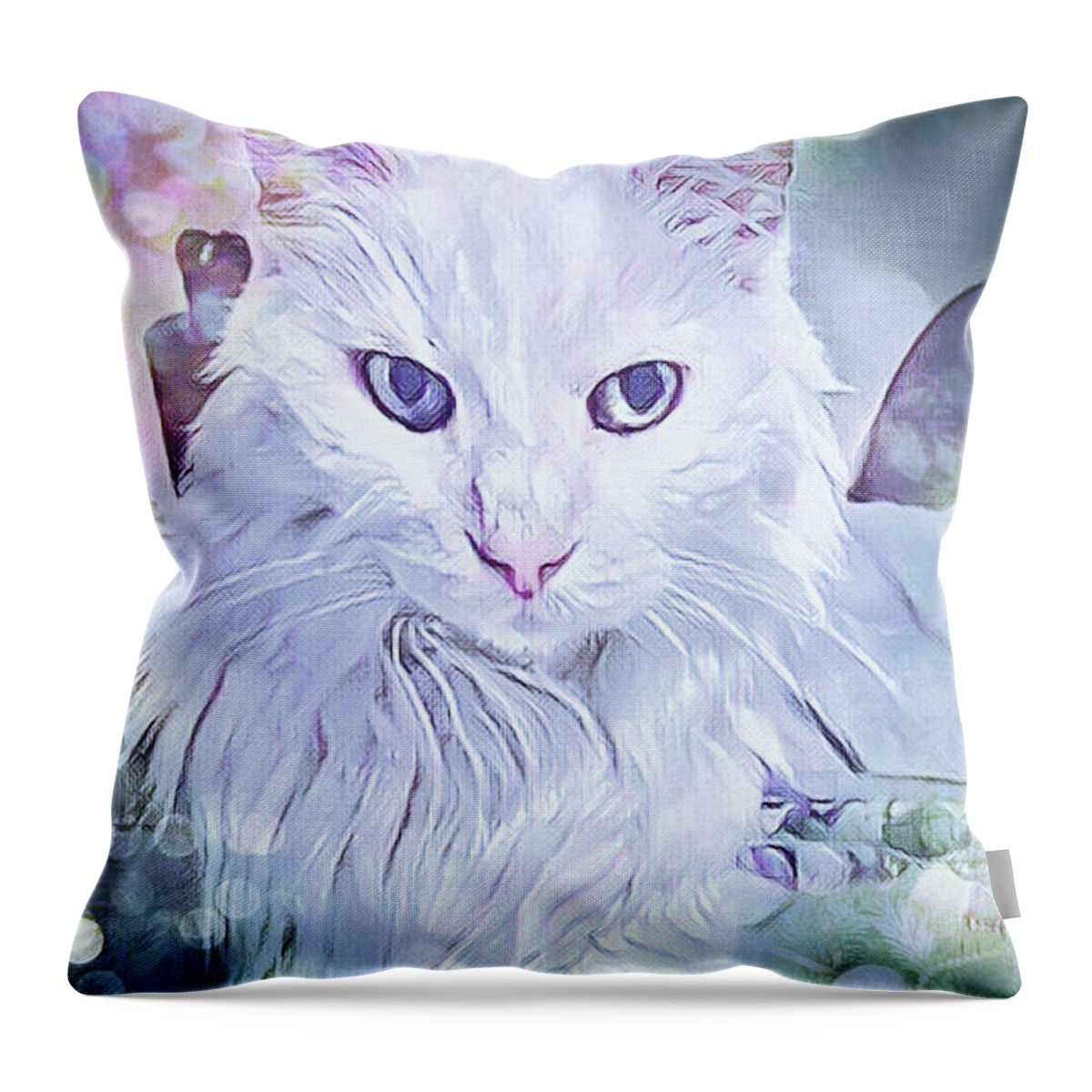 Cat; Kitten; White; White Cat; Green; Long-haired Cat; Angora; Cat Eyes; Kitten Eyes; Macro; Close-up; Photography; Portrait; Watercolor; Dreamy; Throw Pillow featuring the photograph Angora Eyes by Tina Uihlein