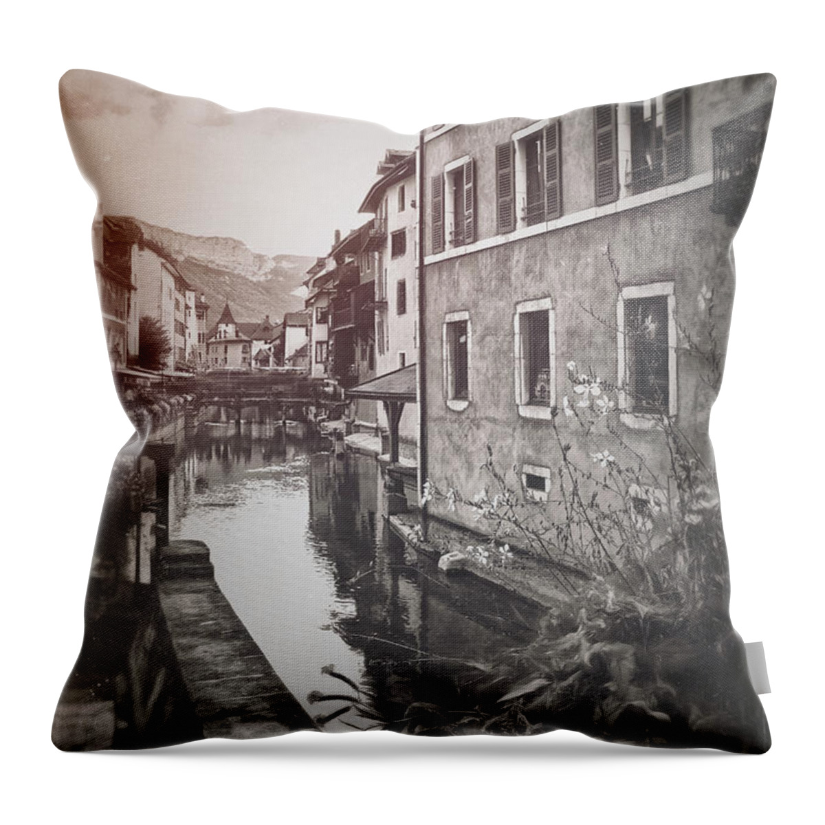 Annecy Throw Pillow featuring the photograph Annecy France European Canal Scenes Vintage Style by Carol Japp