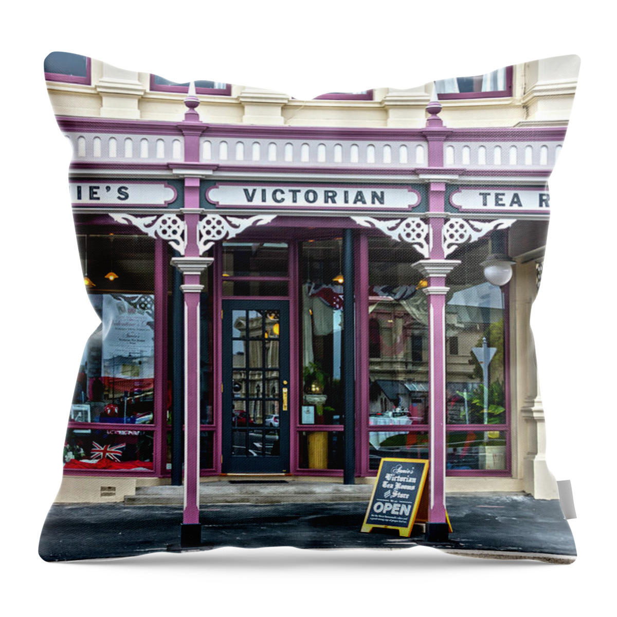 Annie's Victorian Tea Rooms Throw Pillow featuring the photograph Annie's Victorian Tea Rooms, by Kevin Hellon