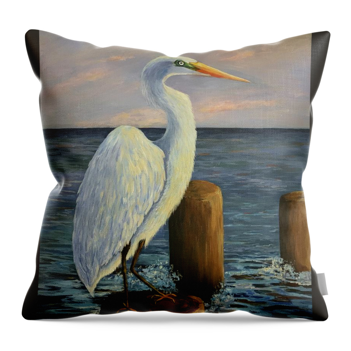 Egret Throw Pillow featuring the painting Anticipation by Jane Ricker