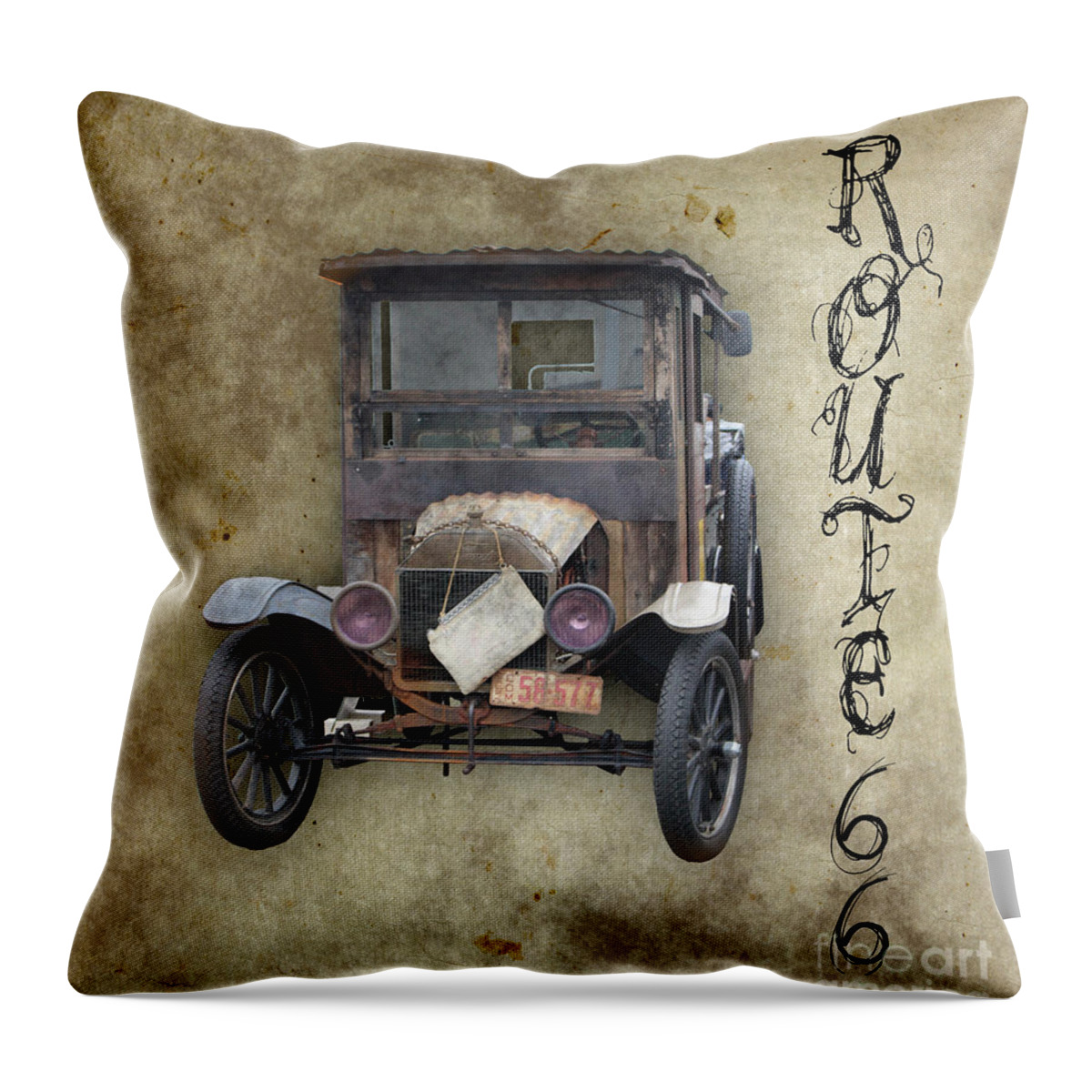 Black Car Throw Pillow featuring the photograph Antique Automobile and Old Route 66 by Colleen Cornelius