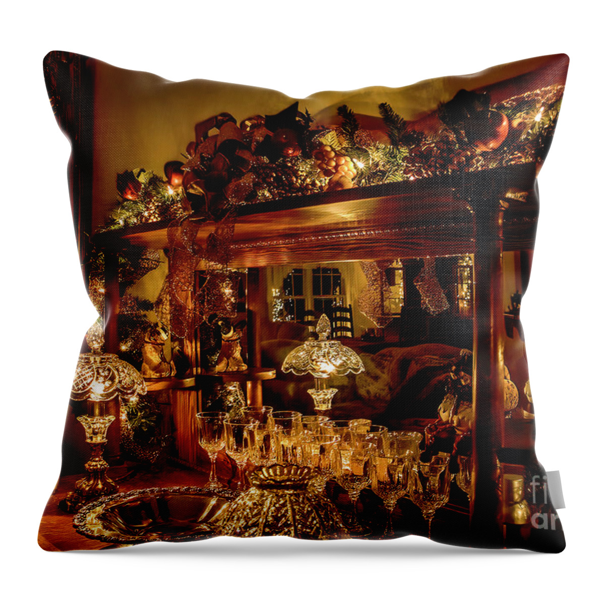 Home Décor Throw Pillow featuring the photograph Antique Buffet Gussied Up For Christmas by Shelia Hunt