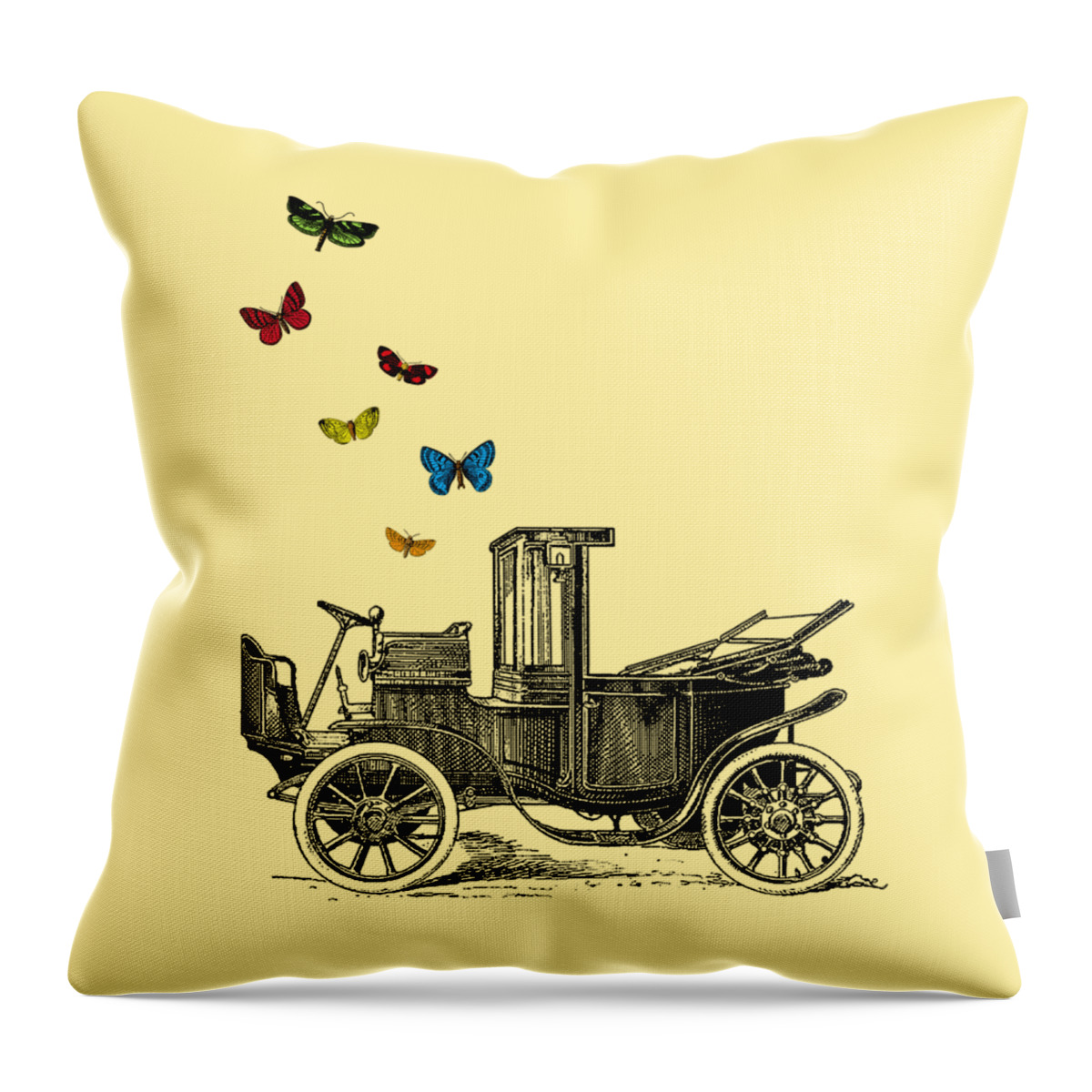 Classic Car Throw Pillow featuring the mixed media Antique Butterfly Car by Madame Memento