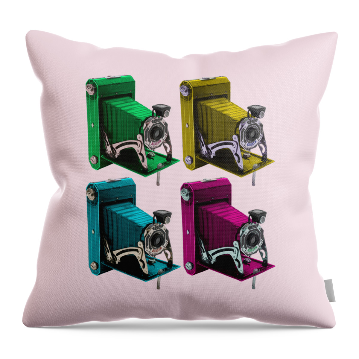 Camera Throw Pillow featuring the mixed media Antique Folding Cameras by Madame Memento