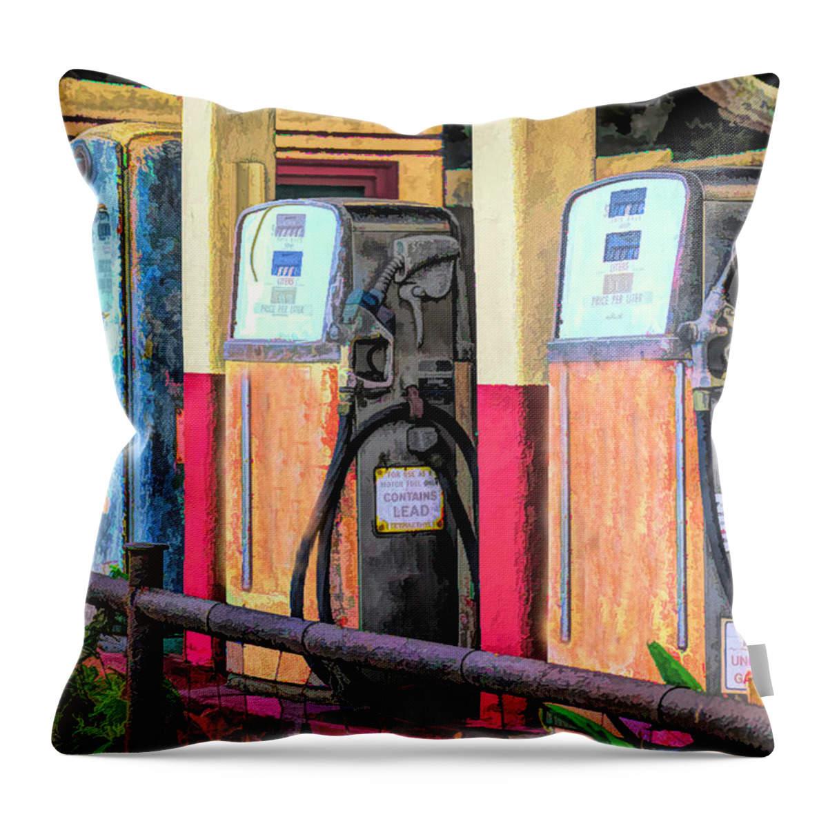 Abstract Gas Pumps Los Alamos California Throw Pillow featuring the photograph Antique Gas Pumps at The Station by Barbara Snyder