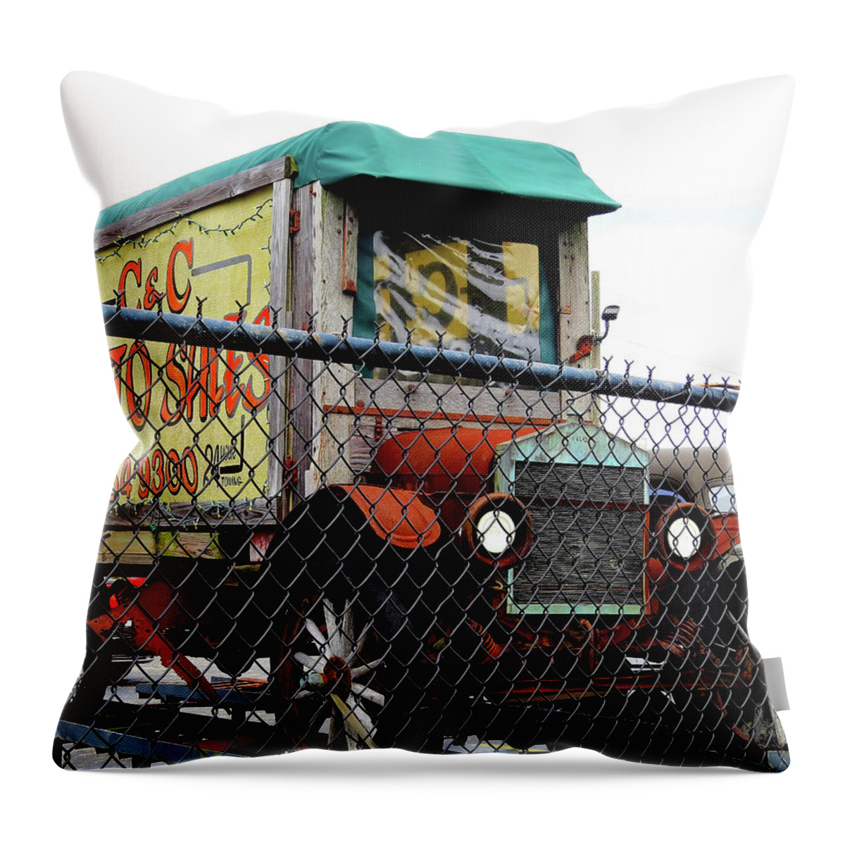 Antique Trucks Throw Pillow featuring the photograph Antique Truck Advertising Sign for Classic Auto Sales Lot by Linda Stern