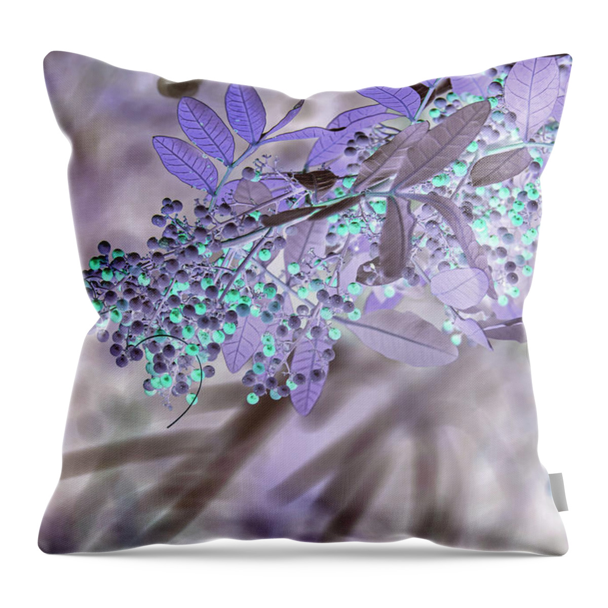 Tree Throw Pillow featuring the photograph Aqua Berries on Purple by Missy Joy