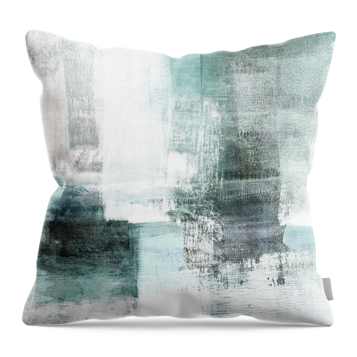 Aqua Throw Pillow featuring the painting Aqua Blue and Grey Modern Abstract Landscape Painting by Janine Aykens