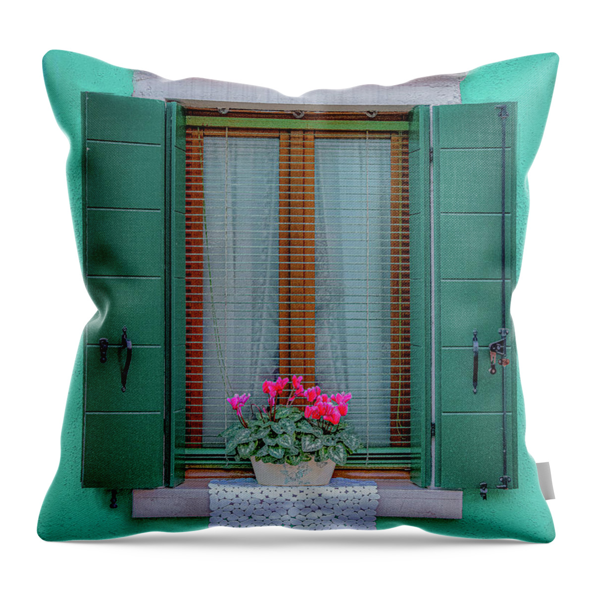 Burano Throw Pillow featuring the photograph Aqua Burano Window by David Downs