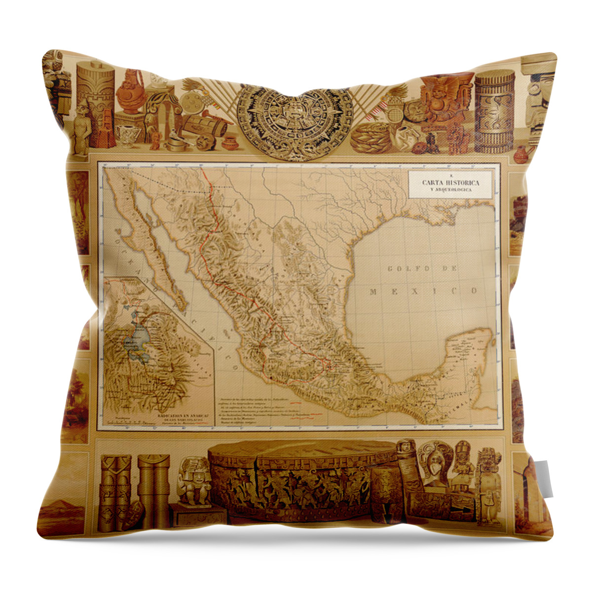 Mexico Throw Pillow featuring the drawing Archaeological Map of Mexico by Vintage Maps