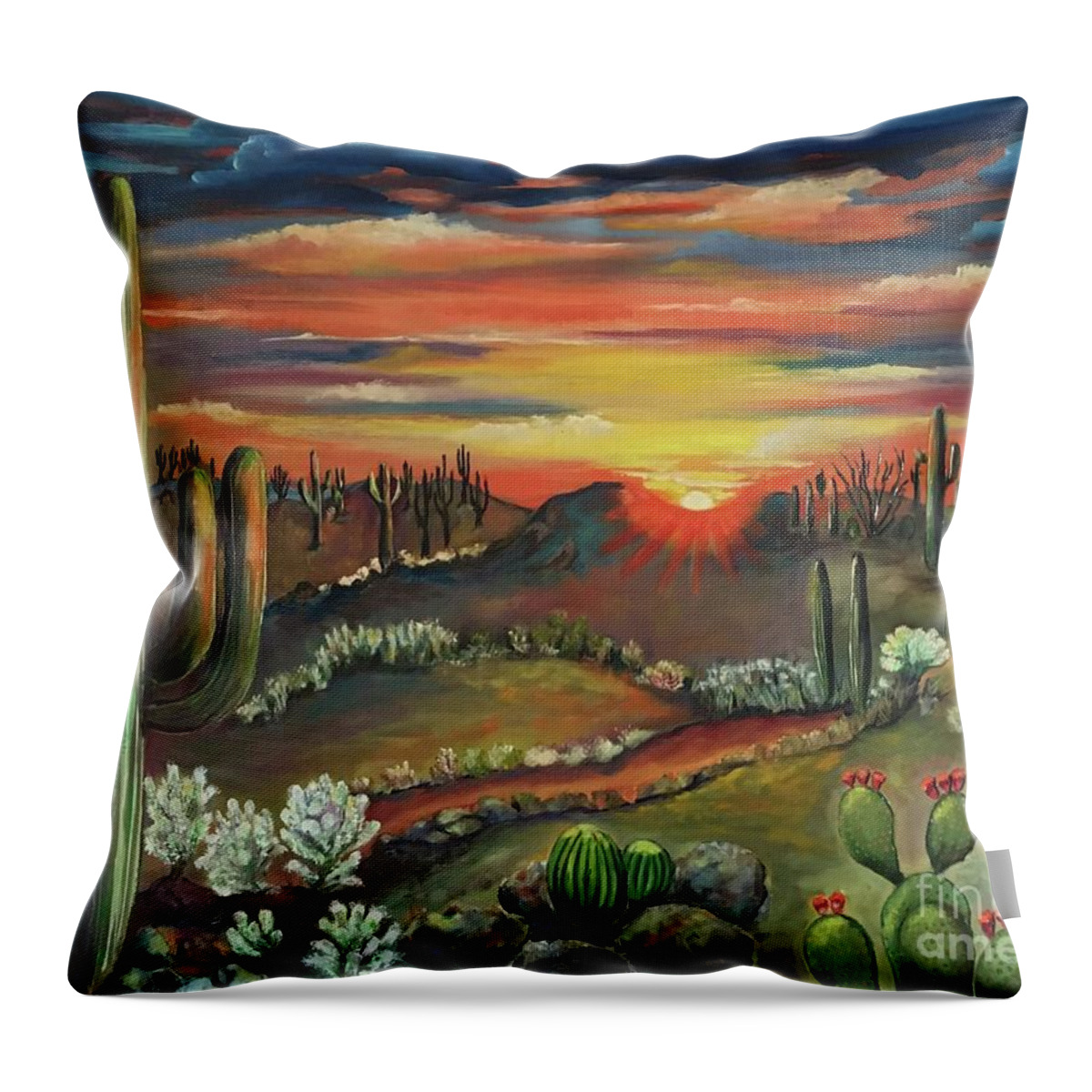 Arizona Desert Sunset Oil Painting By Maria Karlosak . Beautiful Saguaro Throw Pillow featuring the painting Arizona desert by Maria Karlosak