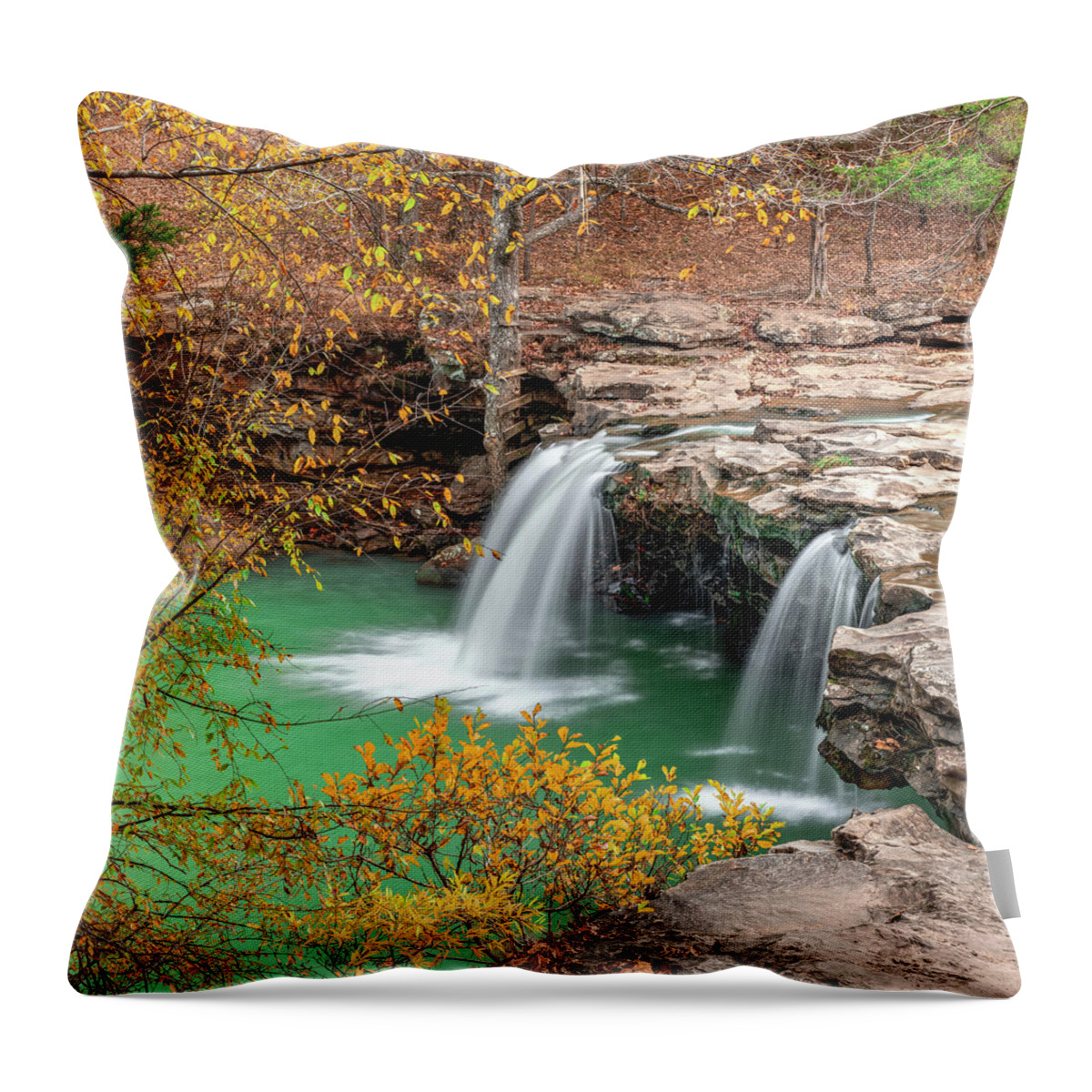 Falling Water Falls Throw Pillow featuring the photograph Arkansas Falling Water Falls In Autumn - Ozark National Forest 1x1 by Gregory Ballos