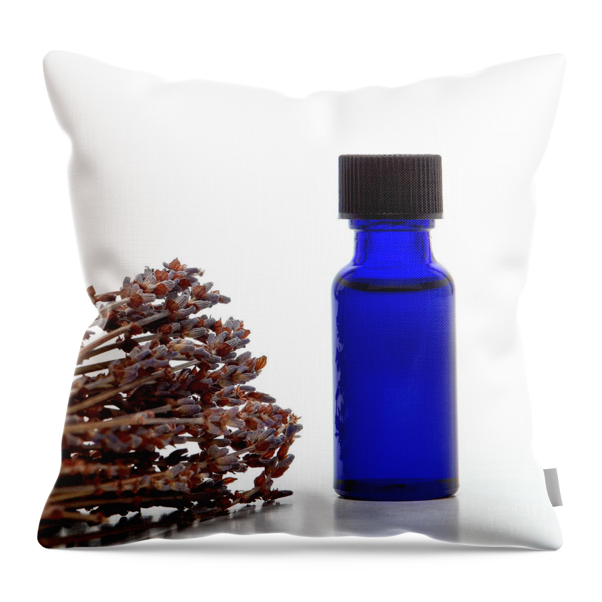 Aromatherapy Throw Pillow featuring the photograph Aromatherapy Lavender Extract Essential Oil Bottle by Olivier Le Queinec