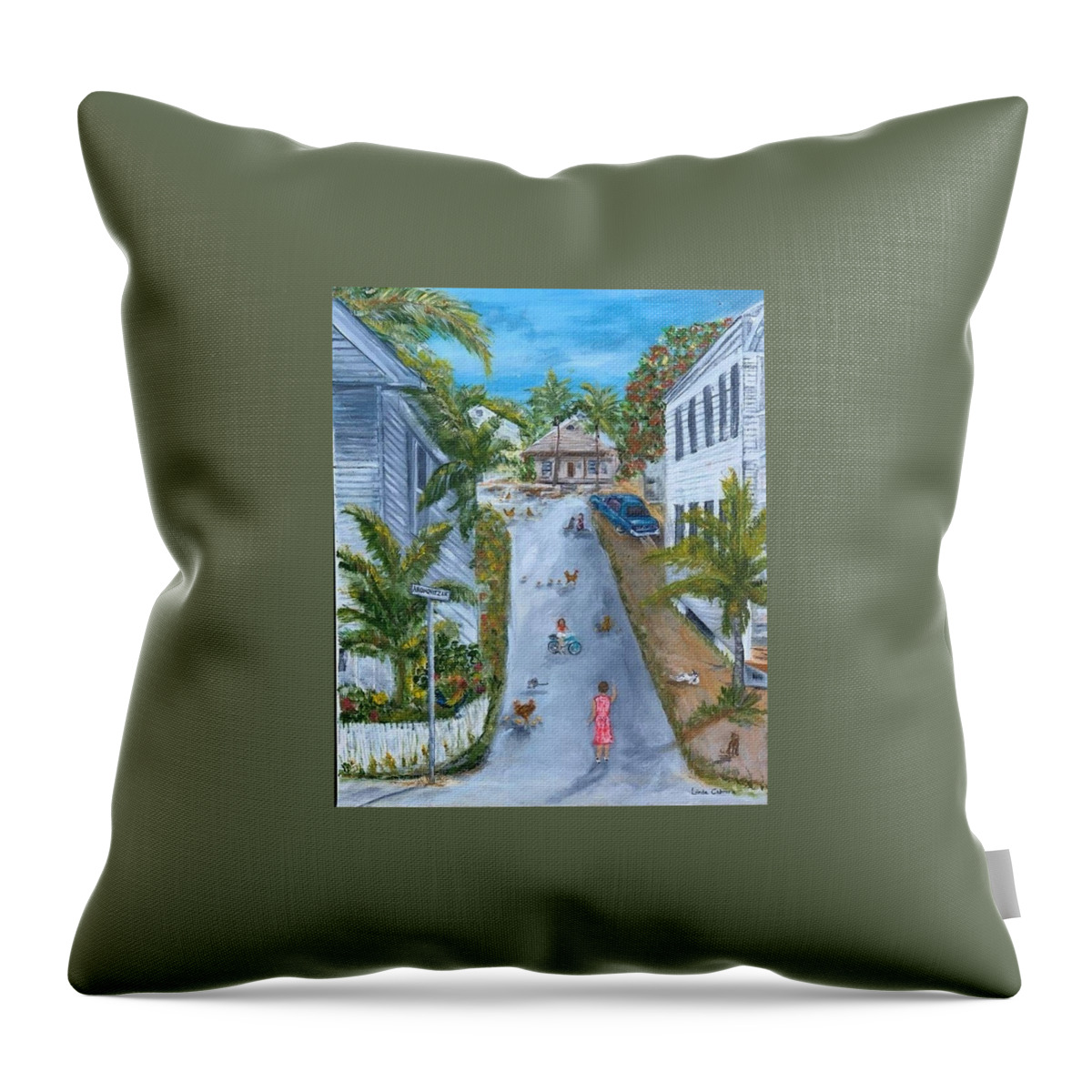 Aronovitz Lane Throw Pillow featuring the painting Aronovitz Lane, Key West by Linda Cabrera