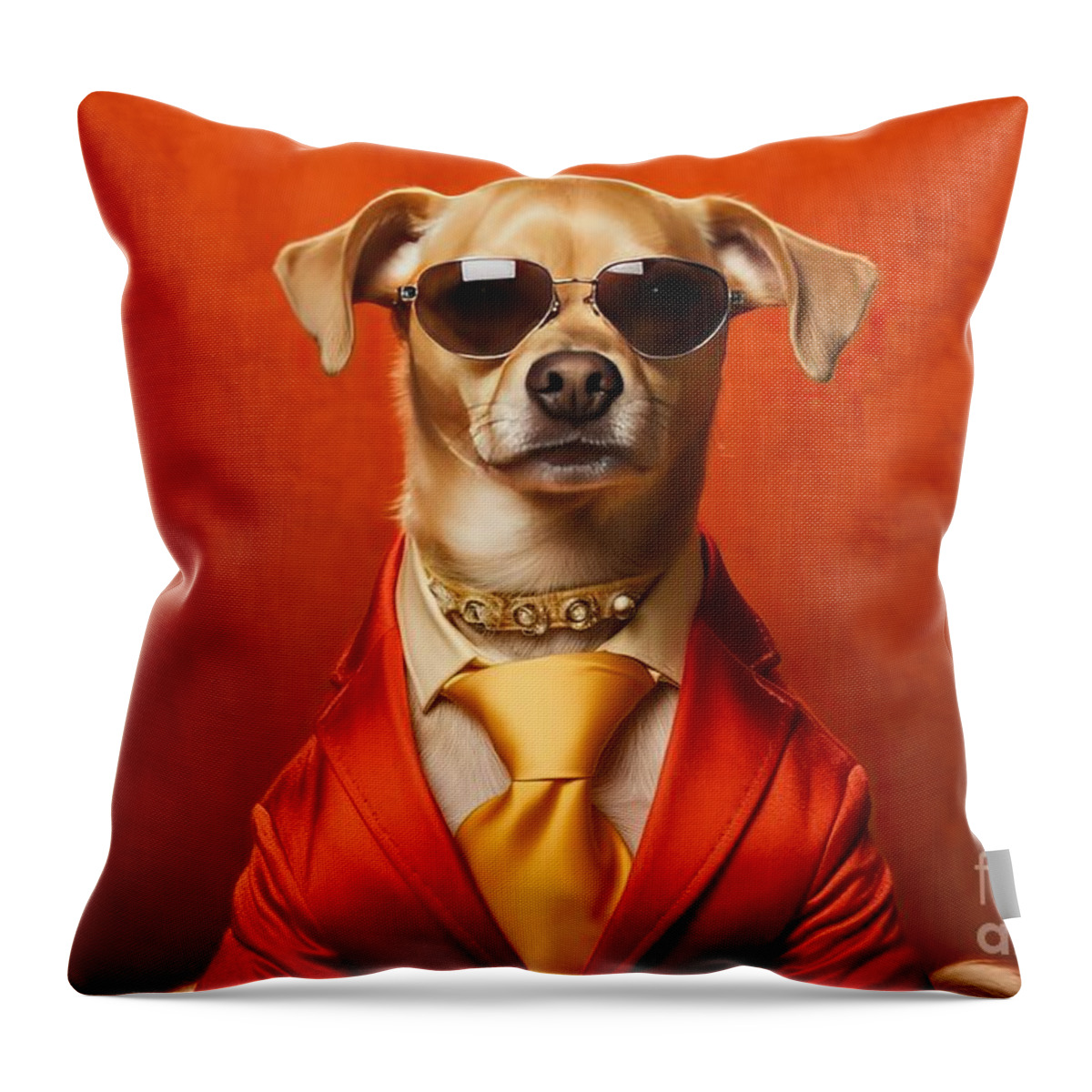 Dog Throw Pillow featuring the painting Art Celebrity Famous Were It If Poses Striking Sunglasses Attire Glamorous Dog Fashionable Funny Glamourous Glamour Humor Animal Cute Fashion Pet Puppy Canino Studio White Style Domestic Indoor by N Akkash