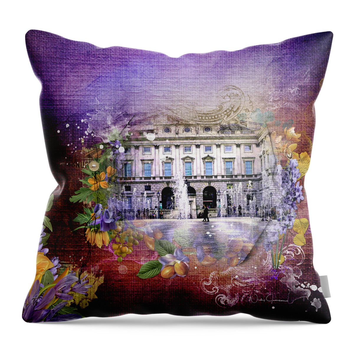 London Throw Pillow featuring the mixed media Art in Uncertain Times - Somerset House by Nicky Jameson