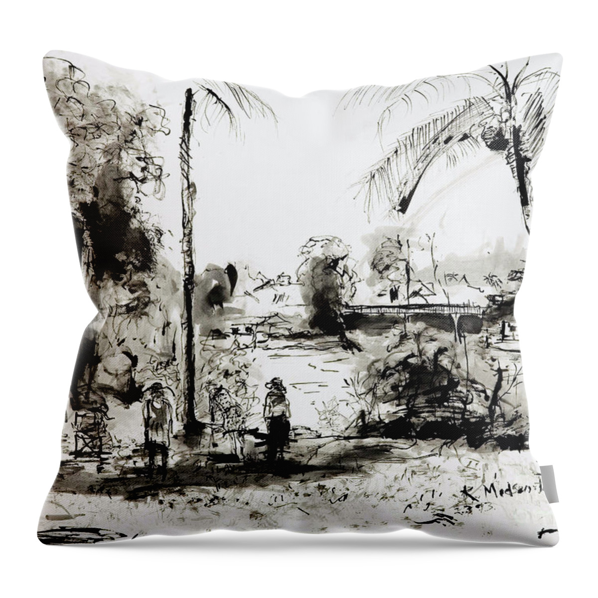 Tropical Throw Pillow featuring the painting Artists at work by the Johnstone River Innisfail FNQ  by Kerryn Madsen-Pietsch