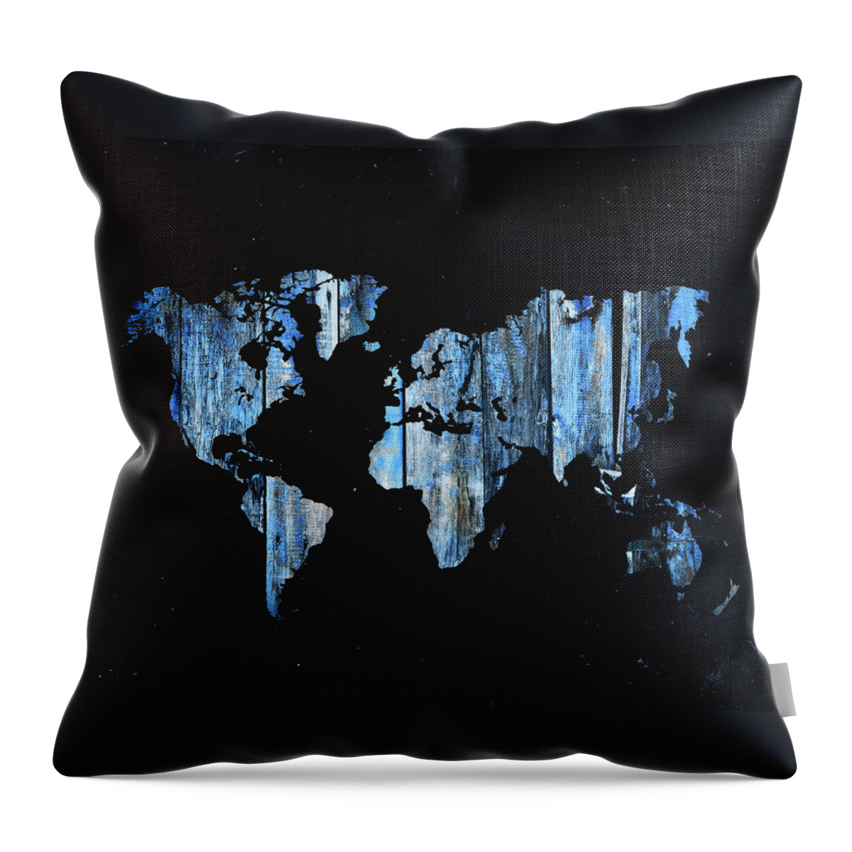 World Throw Pillow featuring the photograph Blue planks on black world map by Delphimages Map Creations