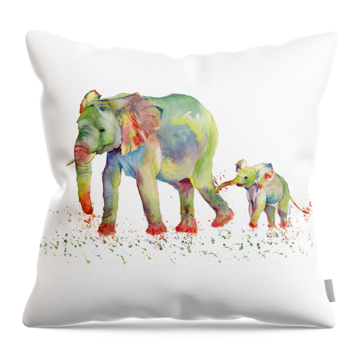 Elephant Throw Pillow featuring the painting Elephant Family Watercolor by Melly Terpening