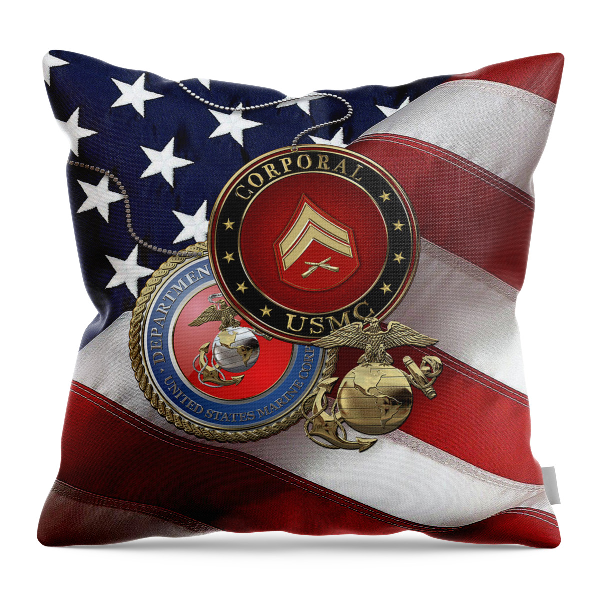 Military Insignia & Heraldry Collection By Serge Averbukh Throw Pillow featuring the digital art U.S. Marine Corporal Rank Insignia with Seal and EGA over American Flag by Serge Averbukh
