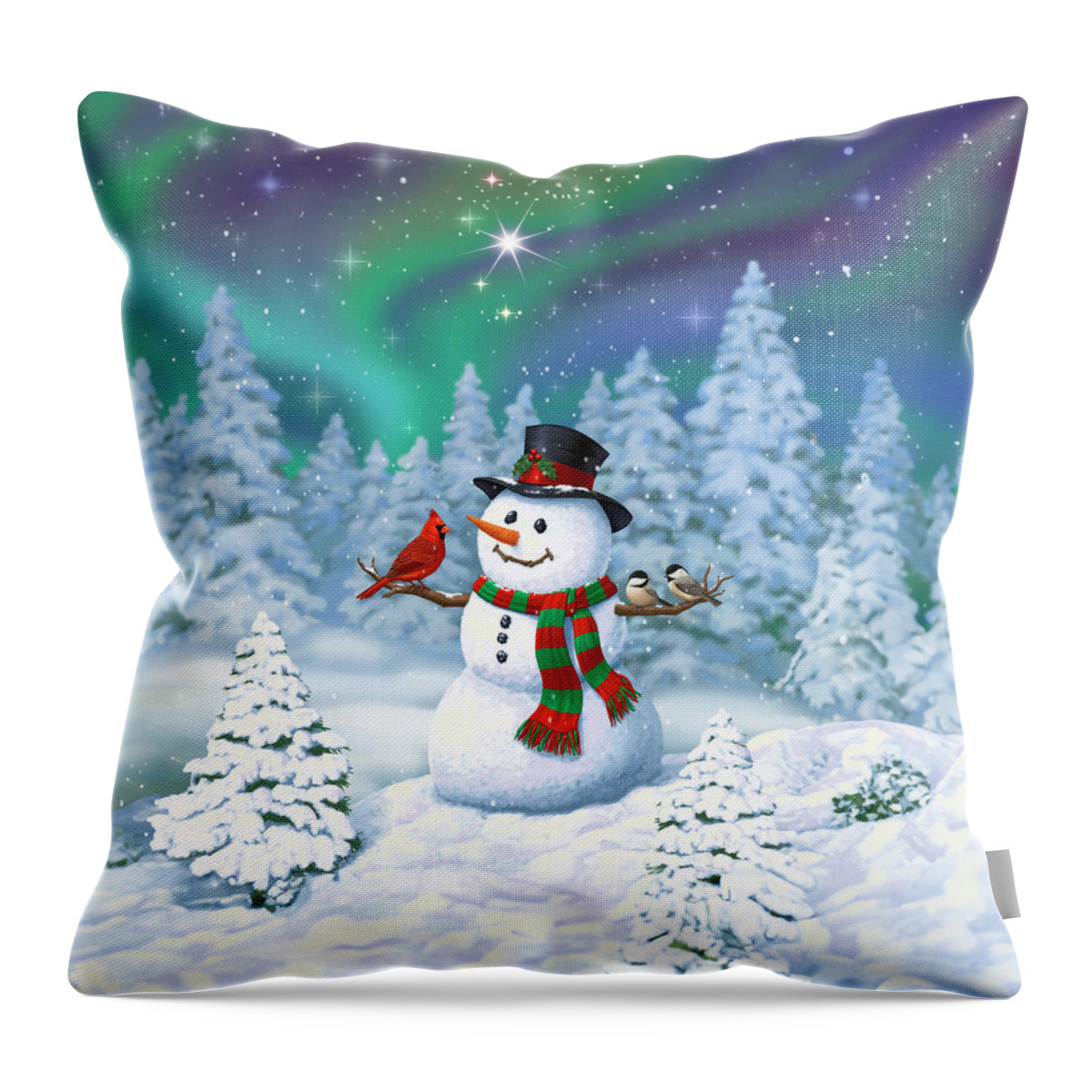 Winter Wonderland Throw Pillow featuring the painting Sharing The Wonder - Christmas Snowman and Birds by Crista Forest