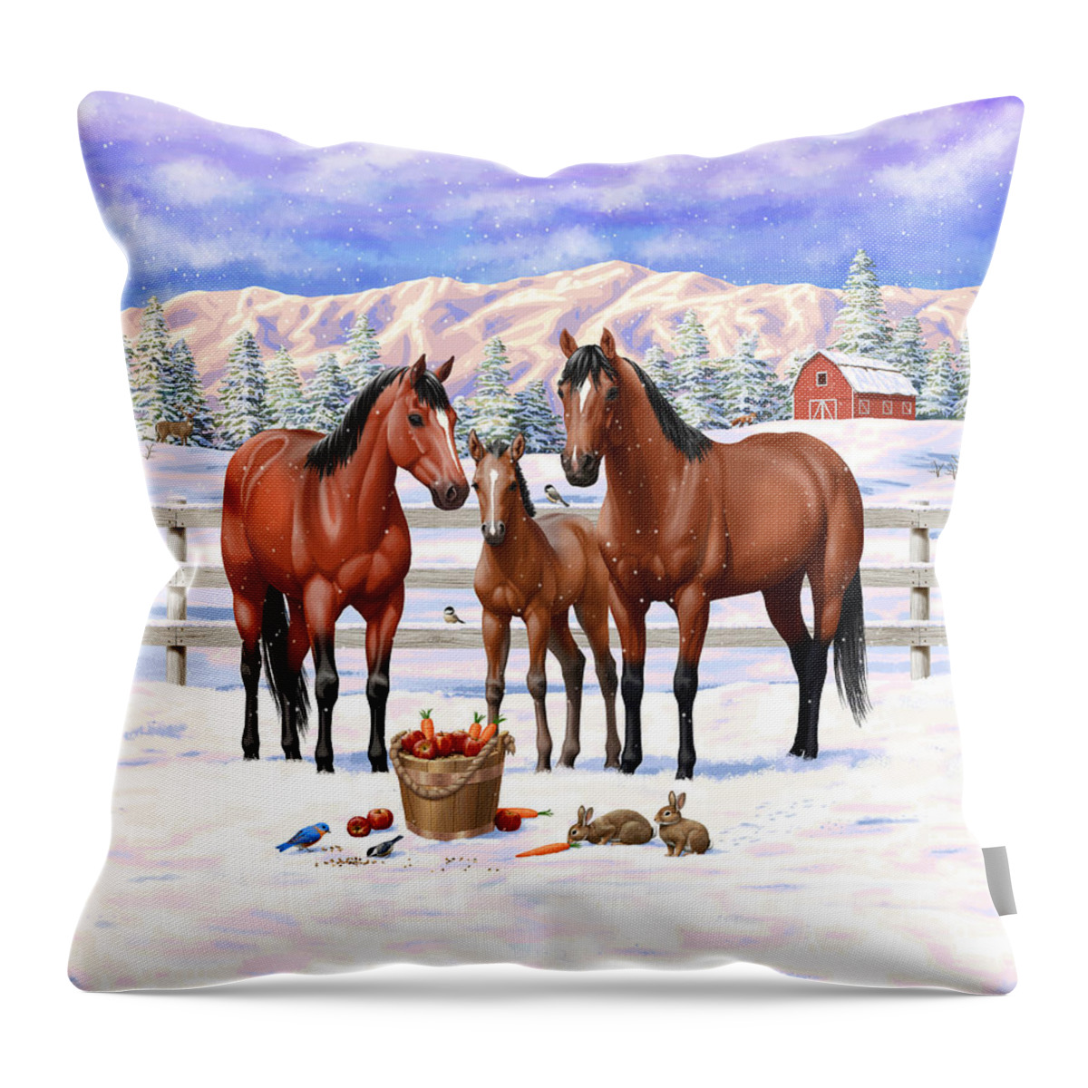 Horses Throw Pillow featuring the painting Bay Quarter Horses In Snow by Crista Forest