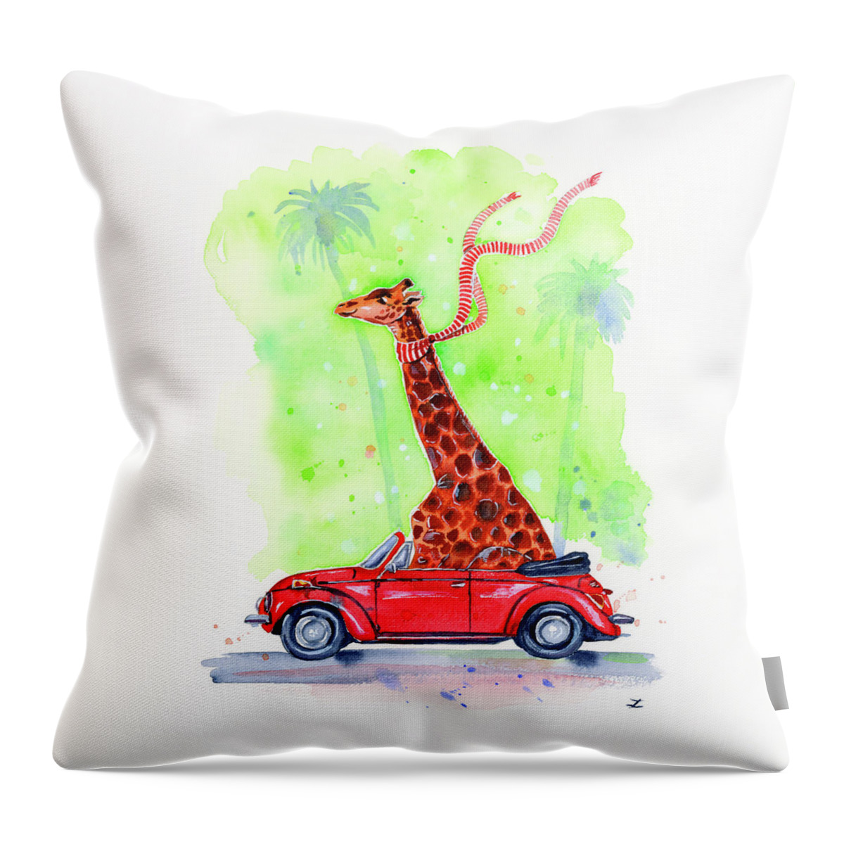 Funny Giraffe Throw Pillow featuring the painting Giraffe in a Beetle by Zaira Dzhaubaeva