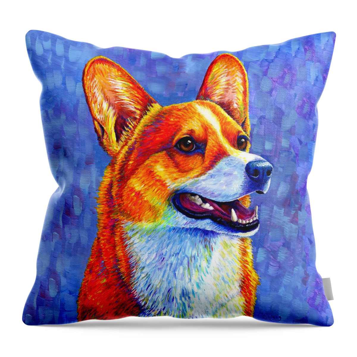 Corgi Throw Pillow featuring the painting Mischief Maker - Colorful Pembroke Welsh Corgi Dog by Rebecca Wang