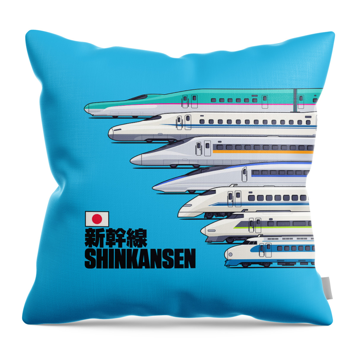 Train Throw Pillow featuring the digital art Shinkansen Bullet Train Evolution - Cyan by Organic Synthesis