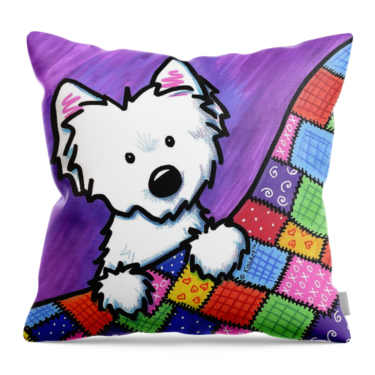 Westie Throw Pillow featuring the painting KiniArt Westie Patchwork Quilt by Kim Niles aka KiniArt