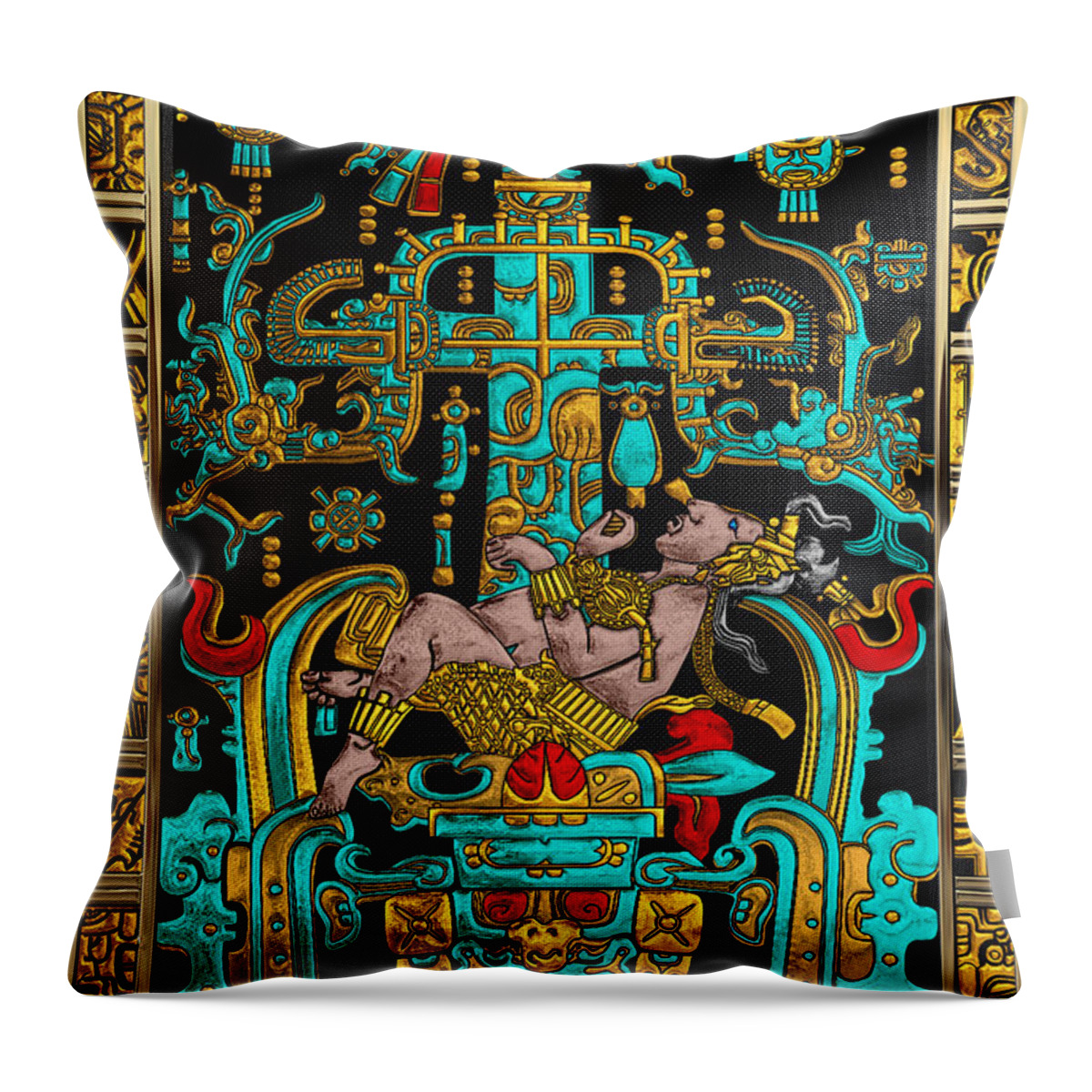 ‘treasures Of Pre-columbian America’ Collection By Serge Averbukh Throw Pillow featuring the digital art Lid of The Great Tomb of Pakal - Palenque Astronaut over Black No.2 by Serge Averbukh