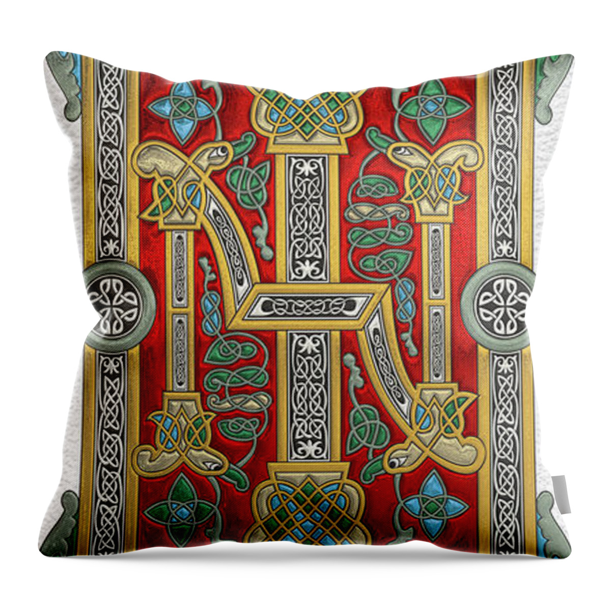‘celtic Treasures’ Collection By Serge Averbukh Throw Pillow featuring the digital art Ancient Celtic Runes of Hospitality and Potential - Illuminated Plate over White Leather by Serge Averbukh