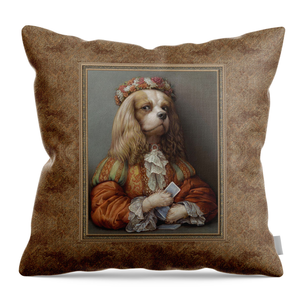Cavalier Throw Pillow featuring the pastel Pokerdog Cavalier by Kurt Wenner