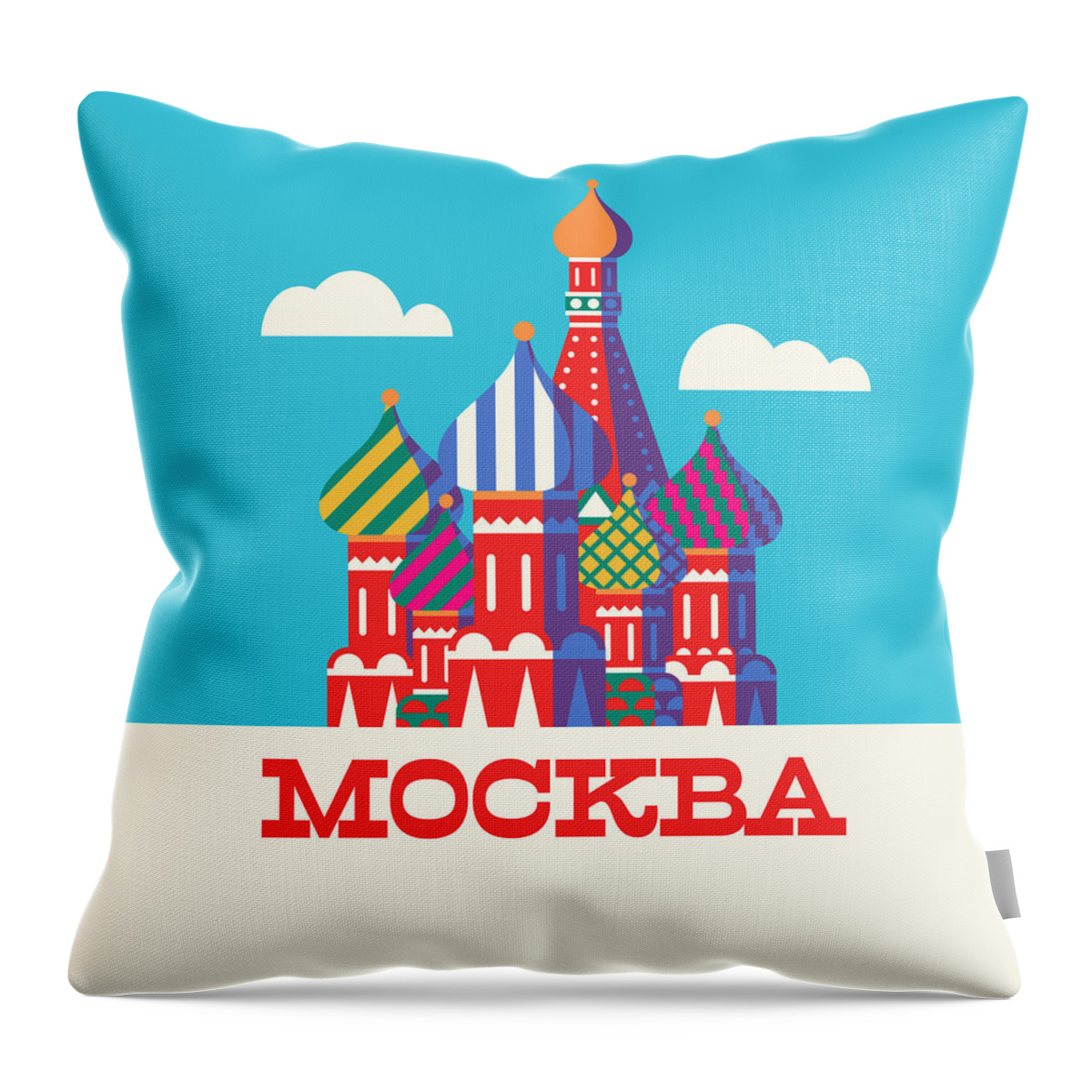 Retro Throw Pillow featuring the digital art St Basil's Cathedral Russia Tourism Moscow - Cyan by Organic Synthesis