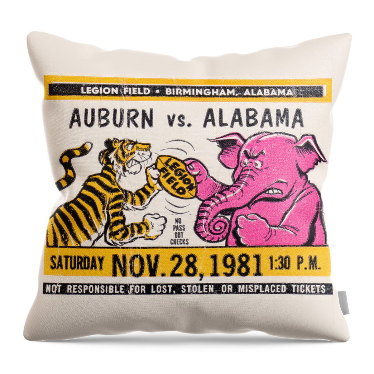 Auburn Throw Pillow featuring the drawing 1981 Auburn vs. Alabama by Row One Brand