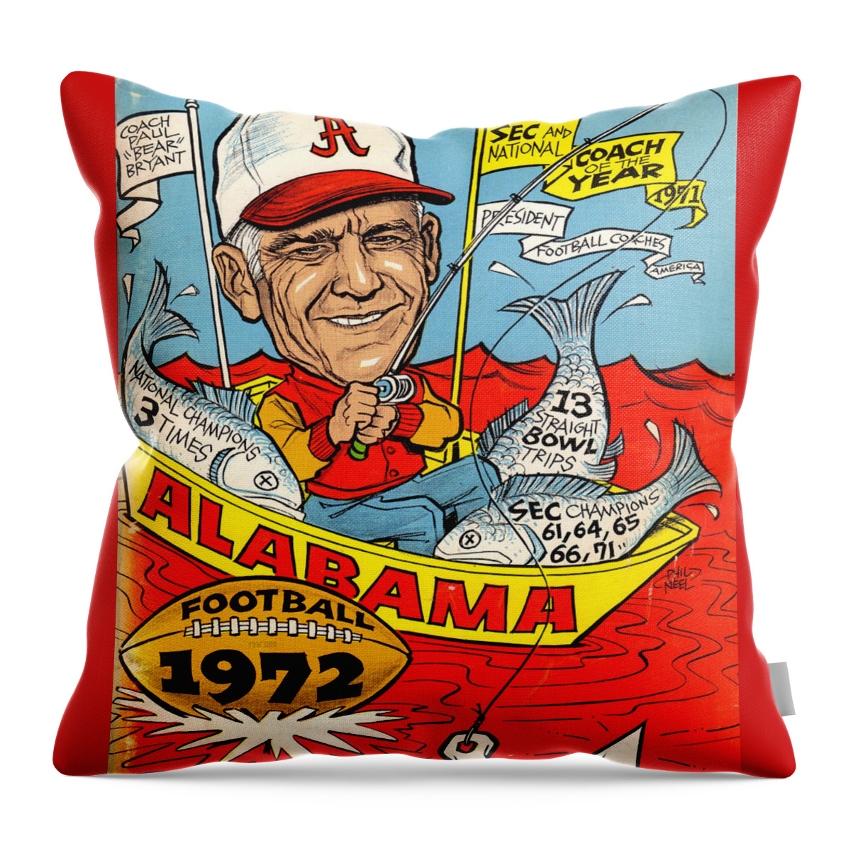Bear Bryant Throw Pillow featuring the drawing 1972 Alabama Football Art Bear Bryant by Row One Brand