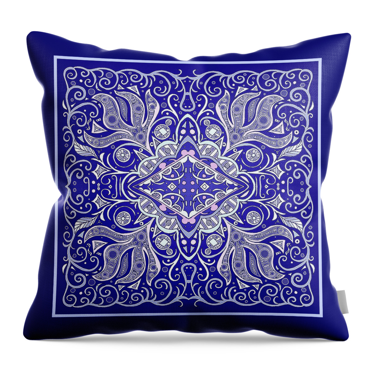 The Blue Period Throw Pillow featuring the mixed media Navy, White and Pink Square Design with Ornate Border by Lise Winne