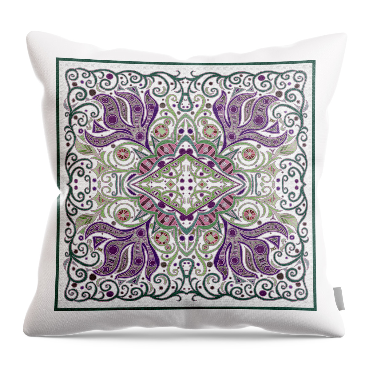 Diamond Throw Pillow featuring the tapestry - textile Abstract Textured Home Decor Design in White, Green, Purple, and Salmon color by Lise Winne