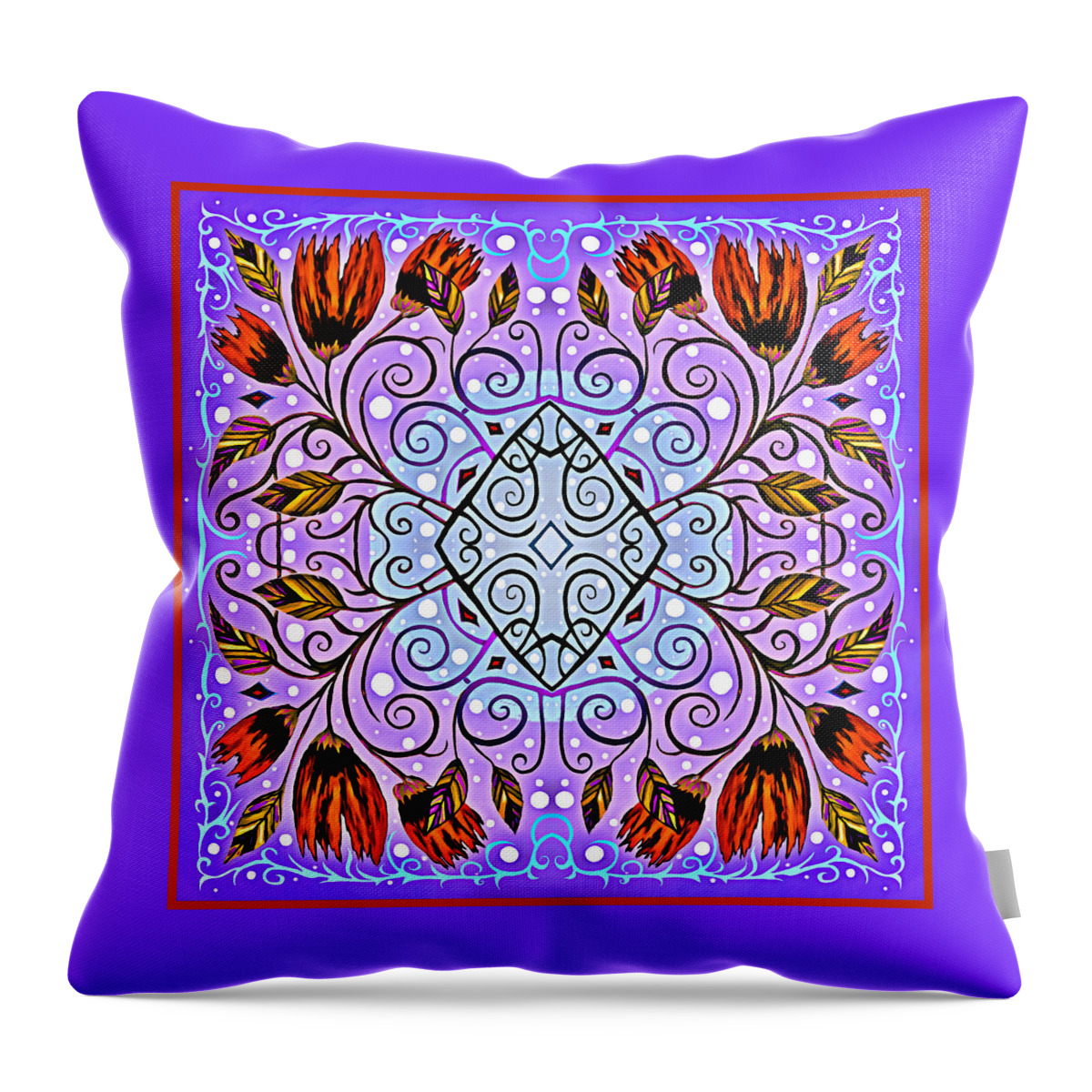 Reddish Orange Tulips Throw Pillow featuring the mixed media Dried Tulips and Autumn Leaves on a Baby Blue, Lilac and Purple Background by Lise Winne